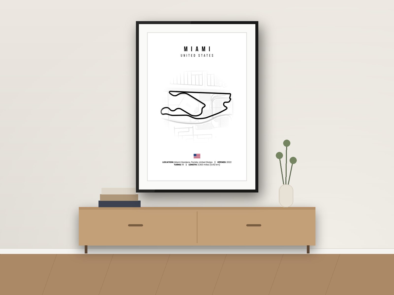 Miami circuit poster, White Edition, framed on a wall