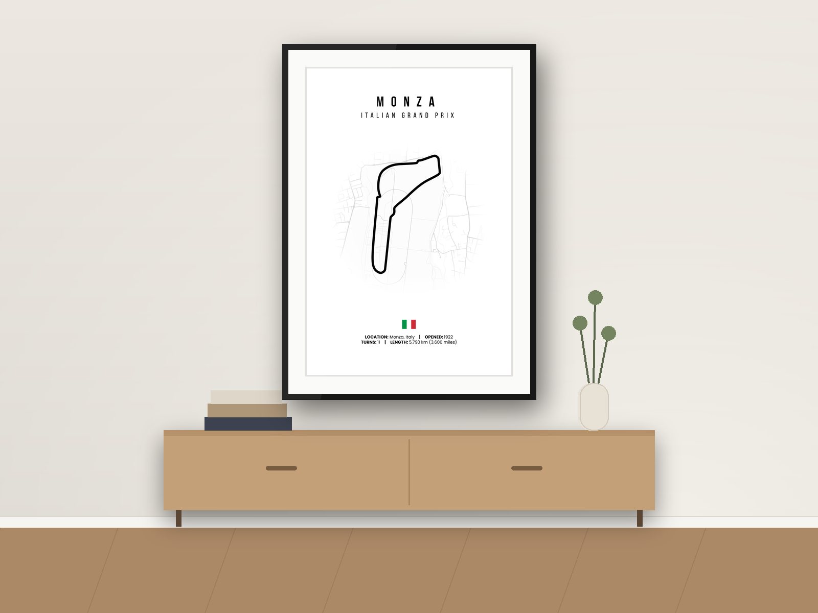Monza circuit poster, White Edition, framed on a wall