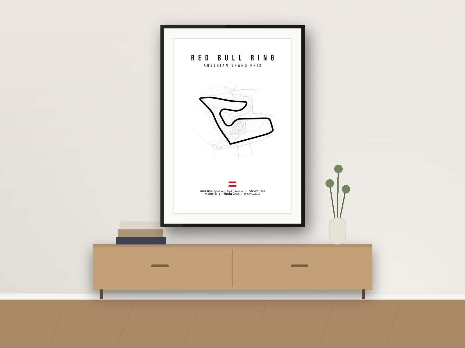 Red Bull Ring circuit poster, White Edition, framed on a wall
