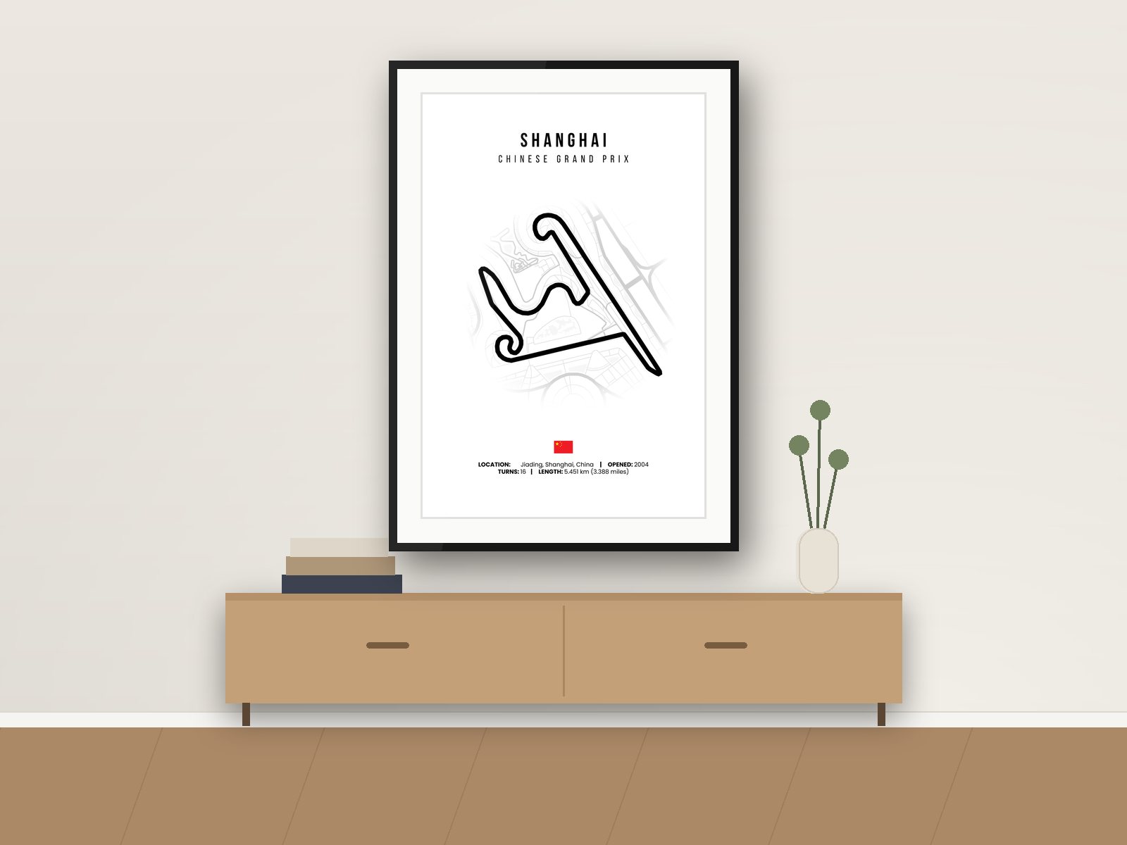 Shanghai circuit poster, White Edition, framed on a wall